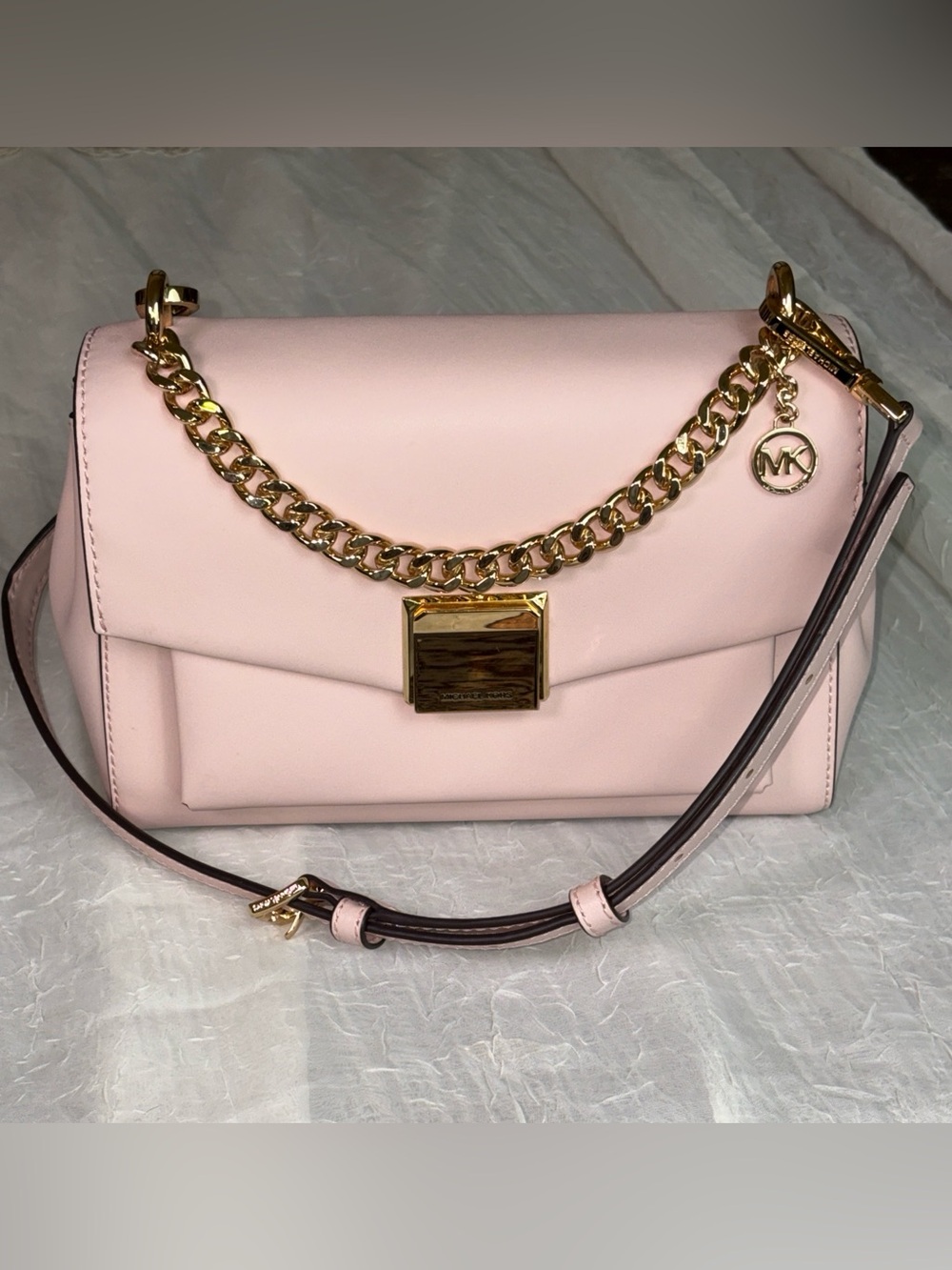 Michael Kors Lita Leather Crossbody Bag Powder Blush Pink with gold-tone chain